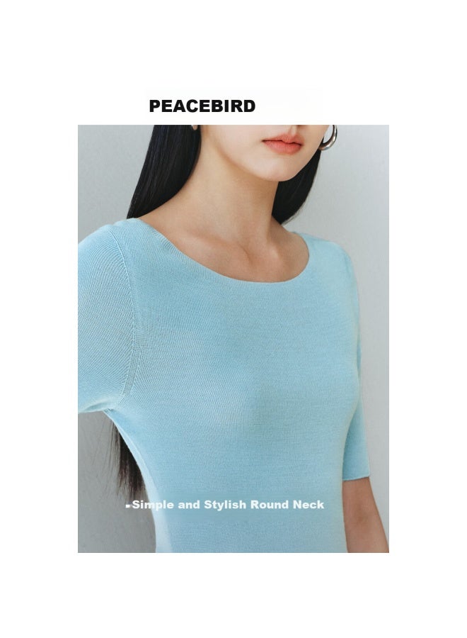 Waxbird Women'S Seamless Short Sleeve Knitwear Spring/Summer Innerwear Simple Texture Blue L - Image 1