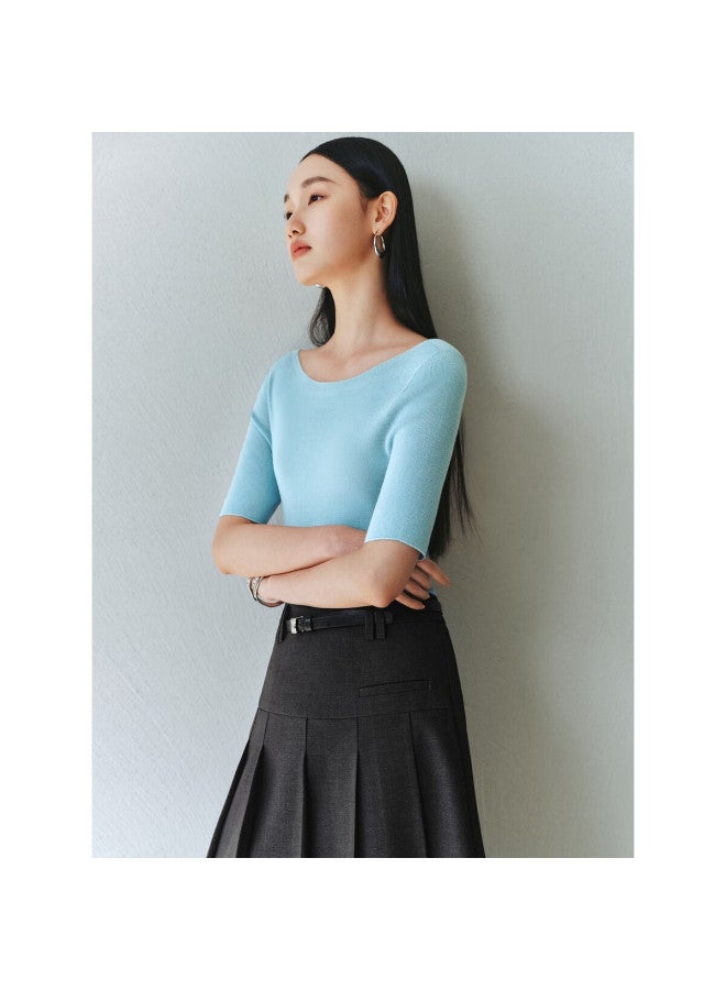 Waxbird Women'S Seamless Short Sleeve Knitwear Spring/Summer Innerwear Simple Texture Blue L - Image 4