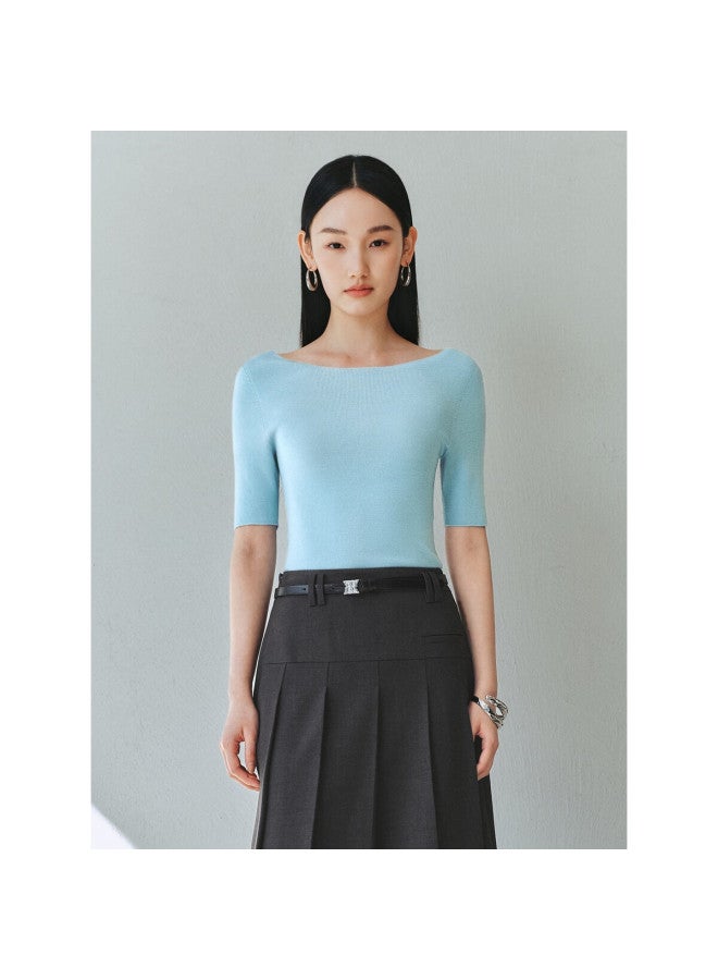 Waxbird Women'S Seamless Short Sleeve Knitwear Spring/Summer Innerwear Simple Texture Blue L - Image 3
