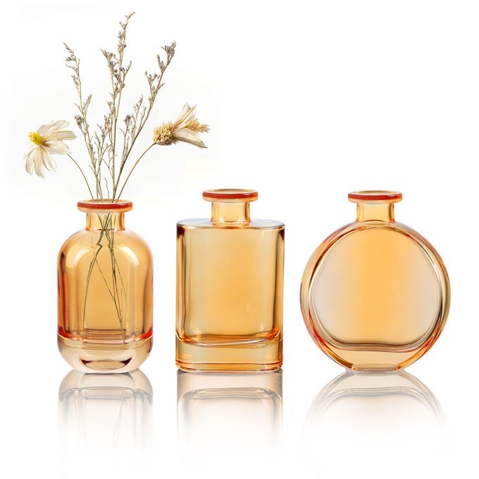 AMBER GLASS BUD VASE SET OF 3 DECORATIVE RUSTIC FLOWER VASE SMALL BOTTLE VASE CENTERPIECES FOR WEDDING HOME OFFICE TABLE DCOR