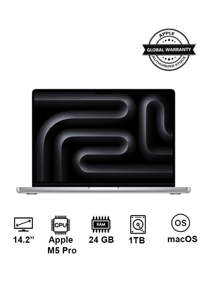 ابل  ماك بوك برو MGDN4 الجديد 2026 | شاشة 14.2 بوصة | شريحة M5 برو 15 نواة CPU 16 نواة GPU | 24 جيجابايت RAM | 1 تيرابايت SSD | macOS | لوحة مفاتيح إنجليزية وعربية  - Image 1
