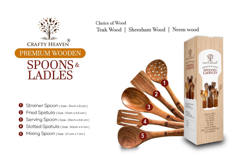 Crafty Heaven Wooden Spatualas & Ladles | Sheesham Wood Utensils for Cooking | Non-Stick Cookware Safe | Wooden Spoon Set | Handmade Kitchen Tools | Heat Resistant | Made in India - Set of 5 - Image 2