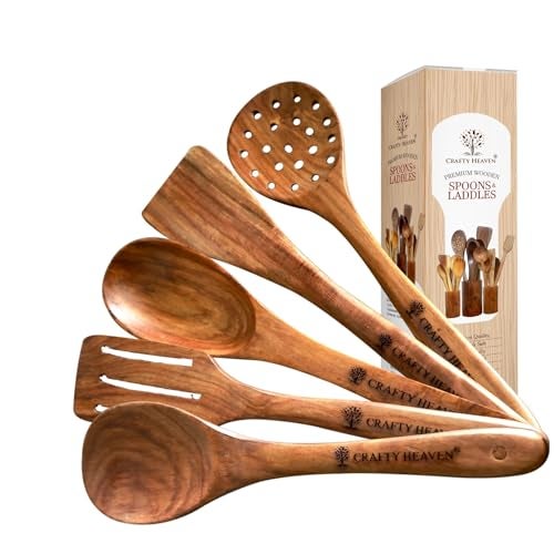 Crafty Heaven Wooden Spatualas & Ladles | Sheesham Wood Utensils for Cooking | Non-Stick Cookware Safe | Wooden Spoon Set | Handmade Kitchen Tools | Heat Resistant | Made in India - Set of 5 - Image 1