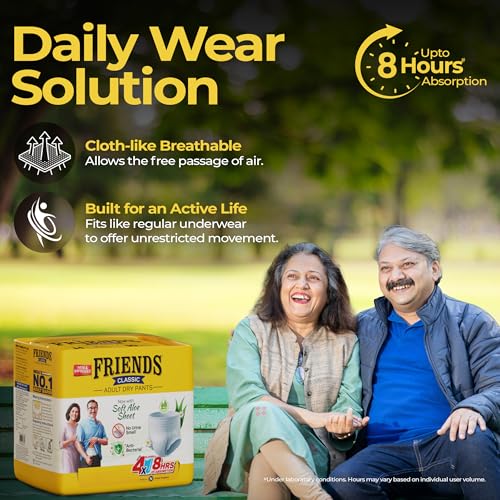 Friends Classic Adult Diaper XXL Size Pants | 60 Count (Double Extra Large) | Waist 34-65 inch | Aloe Vera | Unisex | Quick & Even Absorption | Long Protection hours | Brief-Like Fit | Odour Lock | Leakproof | Elastic Waist & Anti-Bacterial Absorbent Core - Image 4