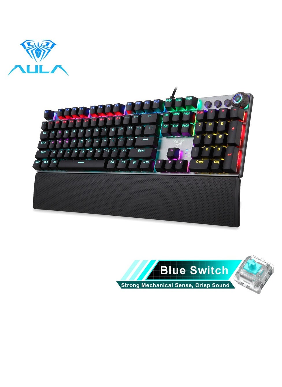 AULA Mechanical Gaming Keyboard NKRO with Wrist Rest RGB Backlit Volume/Lighting Control Knob Fully Programmable 108-Keys Anti-Ghosting Wired Computer Keyboards for Office/Games, Blue Switch 