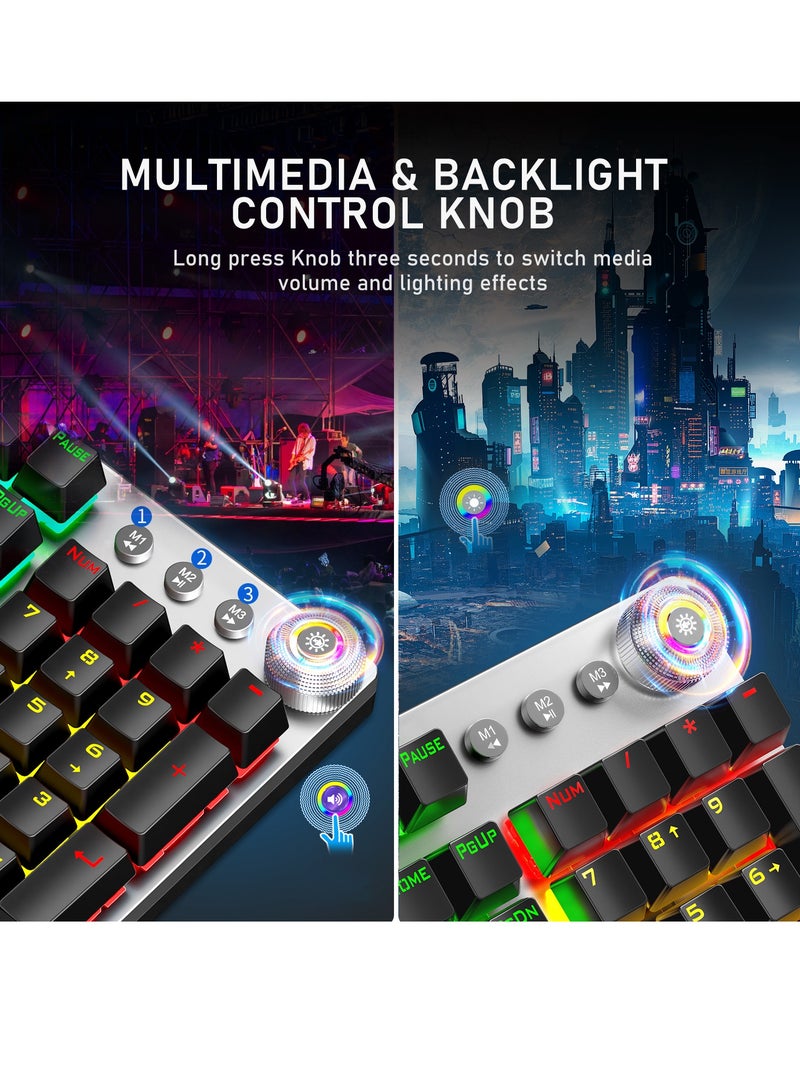 Mechanical Gaming Keyboard NKRO with Wrist Rest RGB Backlit Volume/Lighting Control Knob Fully Programmable 108-Keys Anti-Ghosting Wired Computer Keyboards for Office/Games, Blue Switch