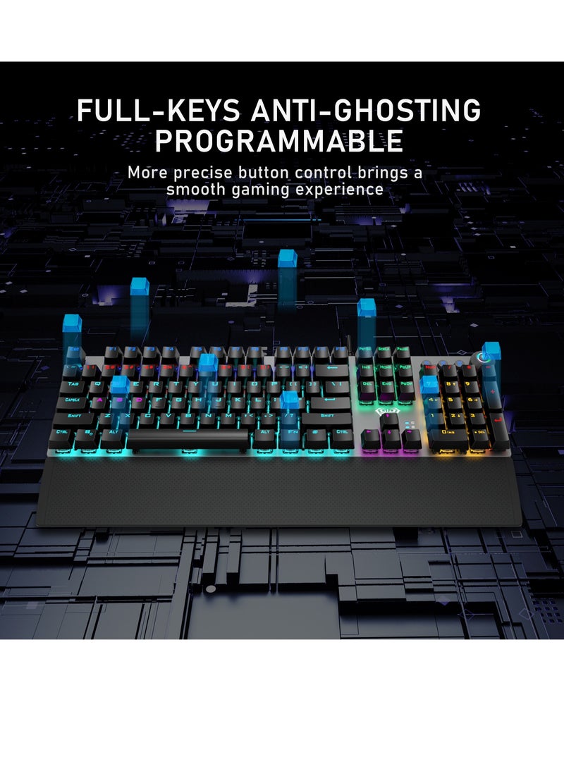 Mechanical Gaming Keyboard NKRO with Wrist Rest RGB Backlit Volume/Lighting Control Knob Fully Programmable 108-Keys Anti-Ghosting Wired Computer Keyboards for Office/Games, Blue Switch