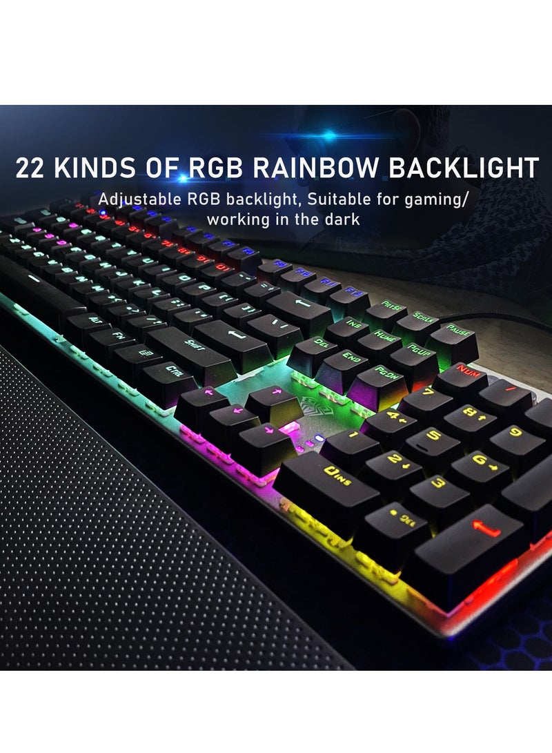 Mechanical Gaming Keyboard NKRO with Wrist Rest RGB Backlit Volume/Lighting Control Knob Fully Programmable 108-Keys Anti-Ghosting Wired Computer Keyboards for Office/Games, Blue Switch