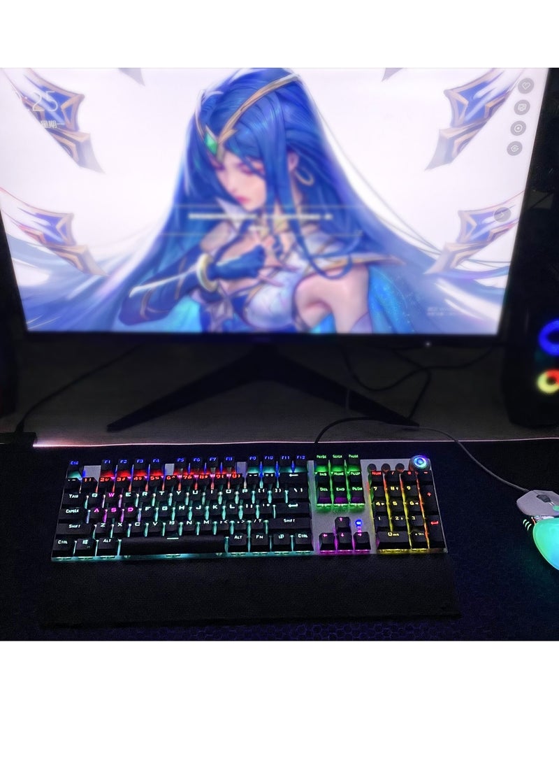 Mechanical Gaming Keyboard NKRO with Wrist Rest RGB Backlit Volume/Lighting Control Knob Fully Programmable 108-Keys Anti-Ghosting Wired Computer Keyboards for Office/Games, Blue Switch