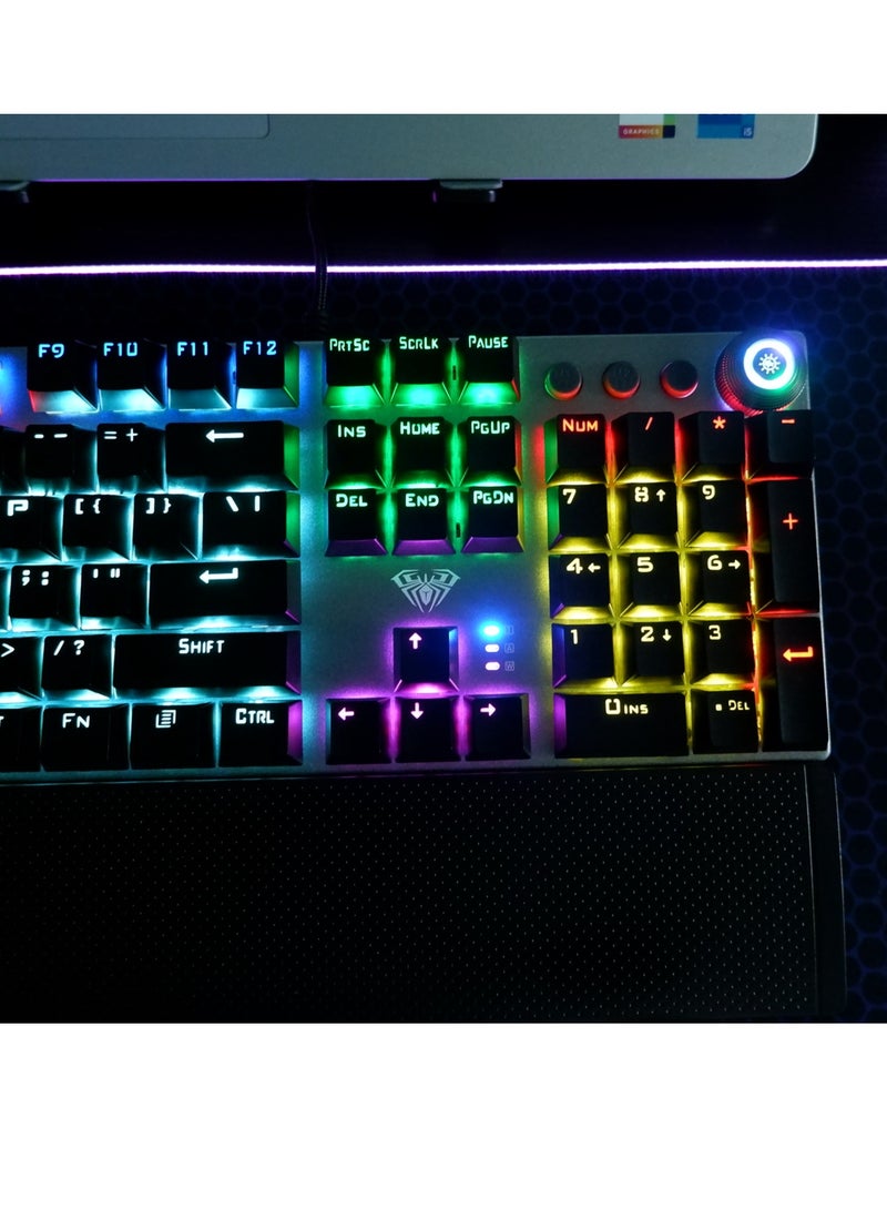 Mechanical Gaming Keyboard NKRO with Wrist Rest RGB Backlit Volume/Lighting Control Knob Fully Programmable 108-Keys Anti-Ghosting Wired Computer Keyboards for Office/Games, Blue Switch