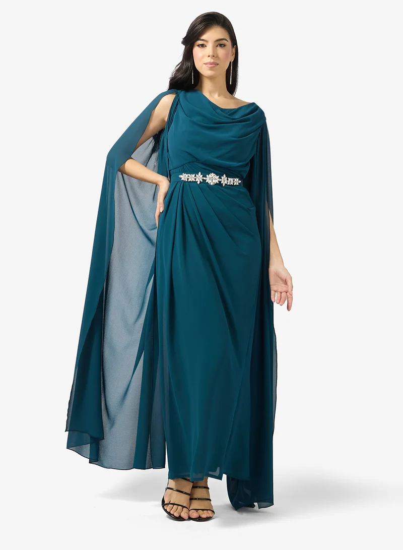 Draped Cape Detail Dress with Rhinestone Belt