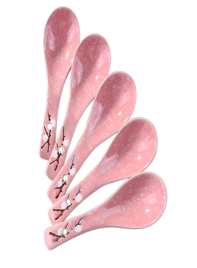Whitenesser Japanese Soup Spoons Set of 5, Pink Asian Spoon Suitable for Soup, Ramen, Pho, Gravy, Cake, Oatmeal, Chaos, Dumplings,Salad - Image 1