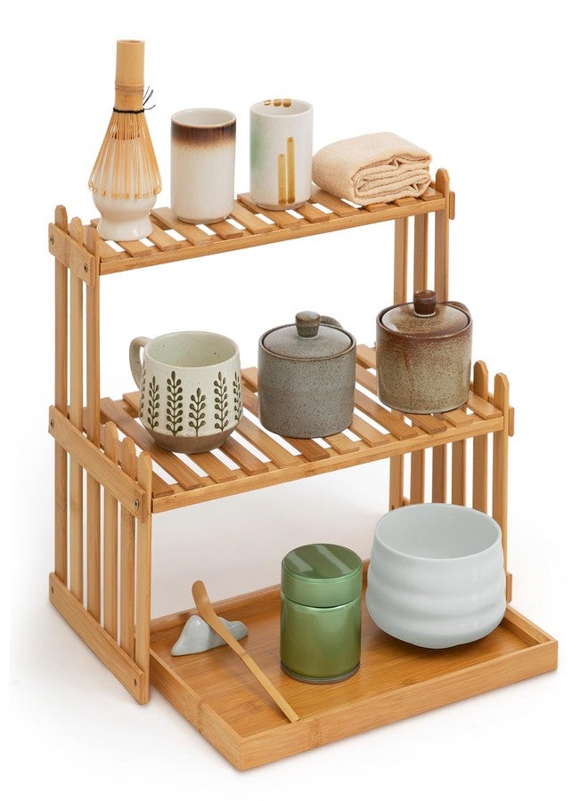 Kathfly 14.6" 2-tier Matcha Station Shelf Stand with 13" Bamboo Matcha Tea Serving Tray Coffee Station Organizer Coffee Bar Storage Rack Mug Holder Countertop for Desktop Flower Pot Cup(Bamboo Color) - Image 1