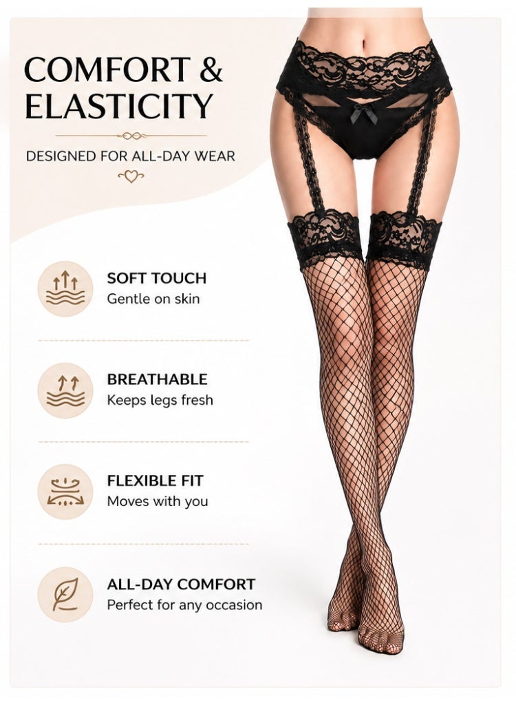 Women Lace Thigh High Stockings Set, Sheer Fine Mesh Over Knee Stockings with Floral Lace, Matching Briefs, Elegant Lingerie Accessories, Stretch Nylon Hosiery, Soft Breathable Elastic Fabric, Slim Fit Legwear for Party, Evening, Wedding, Anniversary, Fashion Wear, Comfortable Everyday Use, Lightweight Elegant Design - Image 2