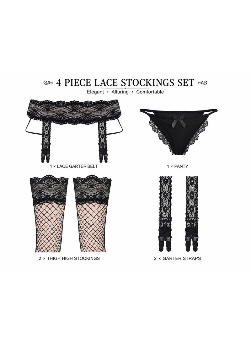 Women Lace Thigh High Stockings Set, Sheer Fine Mesh Over Knee Stockings with Floral Lace, Matching Briefs, Elegant Lingerie Accessories, Stretch Nylon Hosiery, Soft Breathable Elastic Fabric, Slim Fit Legwear for Party, Evening, Wedding, Anniversary, Fashion Wear, Comfortable Everyday Use, Lightweight Elegant Design - Image 4