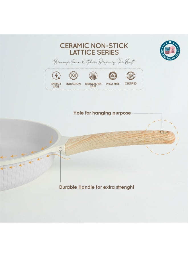 VAV GET Healthy & Safe 26 CM Ceramic Non-Stick Frying Pan – Lattice Series, Cream White, Induction Compatible - Image 4