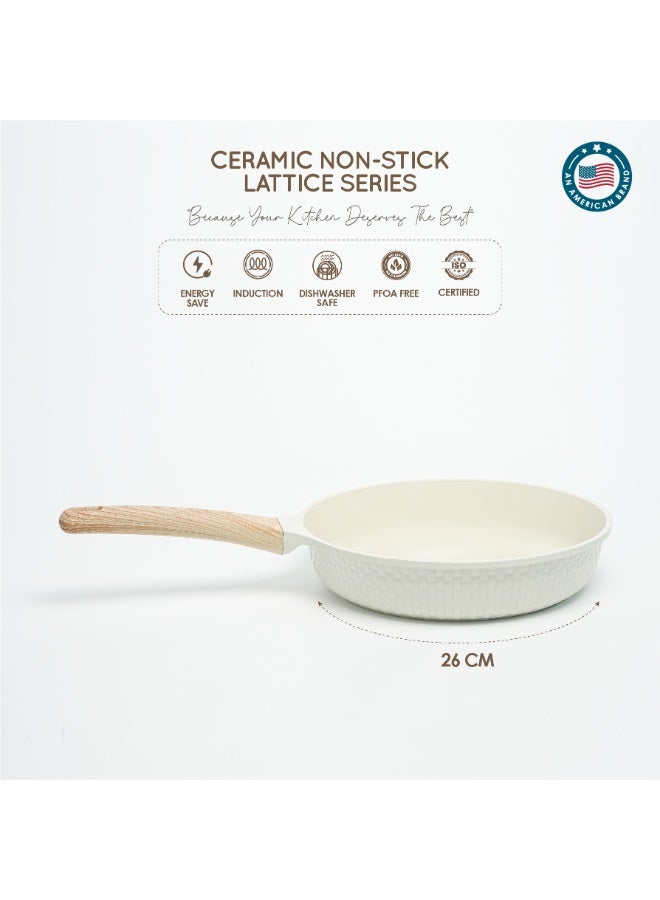 VAV GET Healthy & Safe 26 CM Ceramic Non-Stick Frying Pan – Lattice Series, Cream White, Induction Compatible - Image 3
