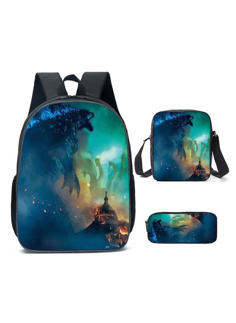 Godzilla Children's leisure load reducing large capacity printed backpack for elementary school students, 3-piece set - Image 1