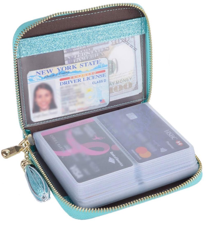 Easyoulife Womens Credit Card Holder Wallet Zip Leather Card Case RFID Blocking (Glitter Teal) - Image 1