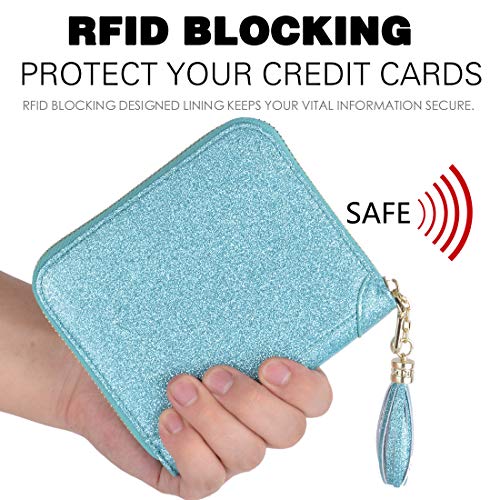 Easyoulife Womens Credit Card Holder Wallet Zip Leather Card Case RFID Blocking (Glitter Teal) - Image 4