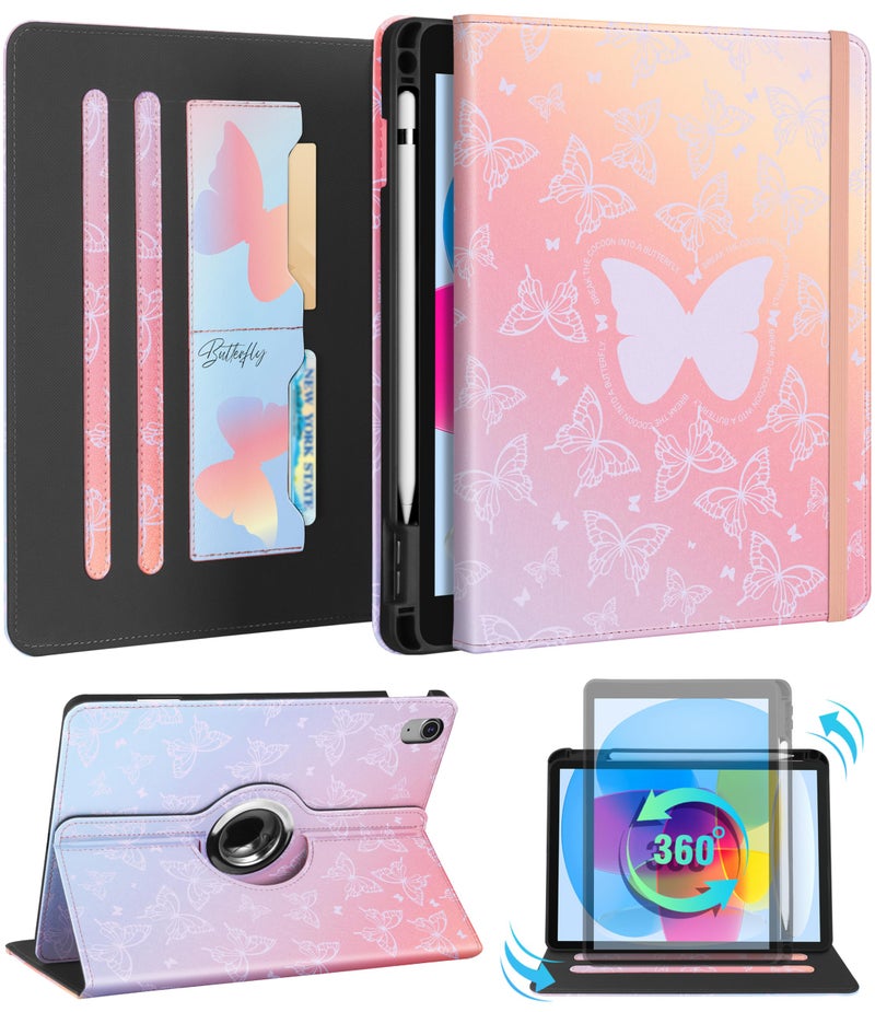 Kidcube for iPad 10th Generation Case 2022 for iPad A16 Case 11th Generation 2025 Women Girls Cute Rotating Stand Folio Cover with Pencil Holder Card Slot Girly Kawaii Butterfly Design Cases