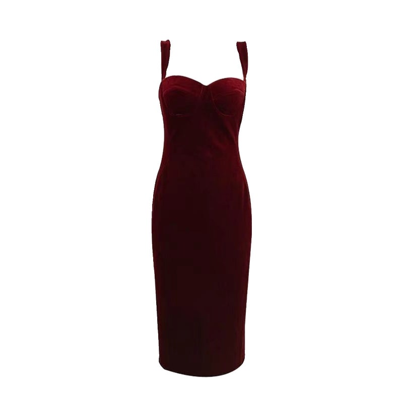 French Velvet Bodycon Slip Dress with Padding, V-Neck, Midi Length - Image 2
