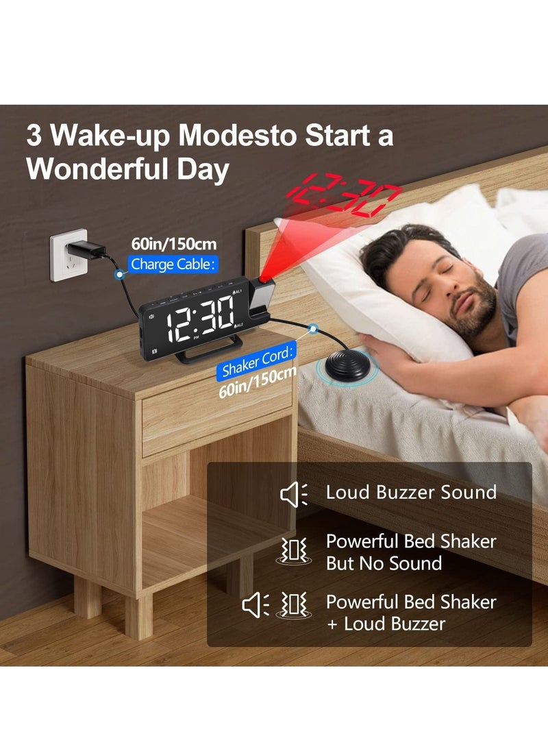 Generic - Extra Loud Alarm Clock with Bed Shaker for Heavy Sleeper Hearing-Impaired Deaf LED Digital Clock with Projector 12/24H Dual Alarms Snooze with USB Charger for Bedrooms Office - Image 1