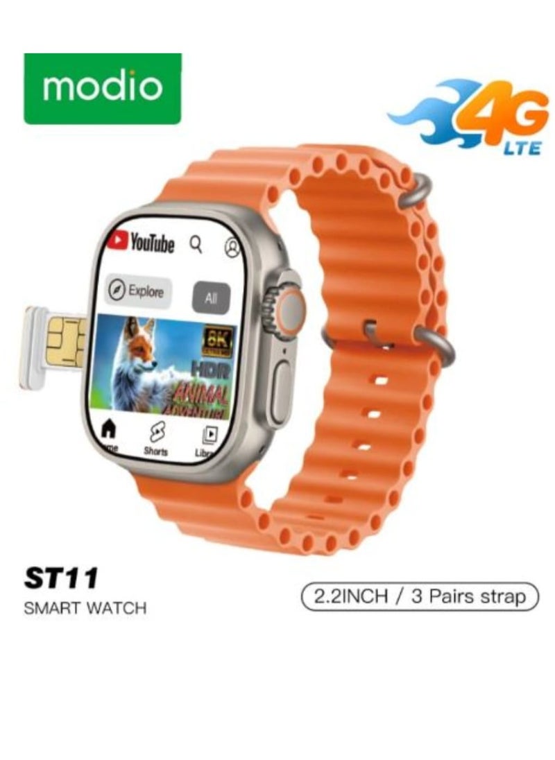 موديو ساعة ذكية ST11 شبكة 4G شاشة عرض 2.2 بوصة عالية الدقة مع 3 أزواج من الأشرطة مع دعم بطاقة SIM للجوال مع دعم Google Play لجميع التطبيقات 64 جيجابايت  - Image 1