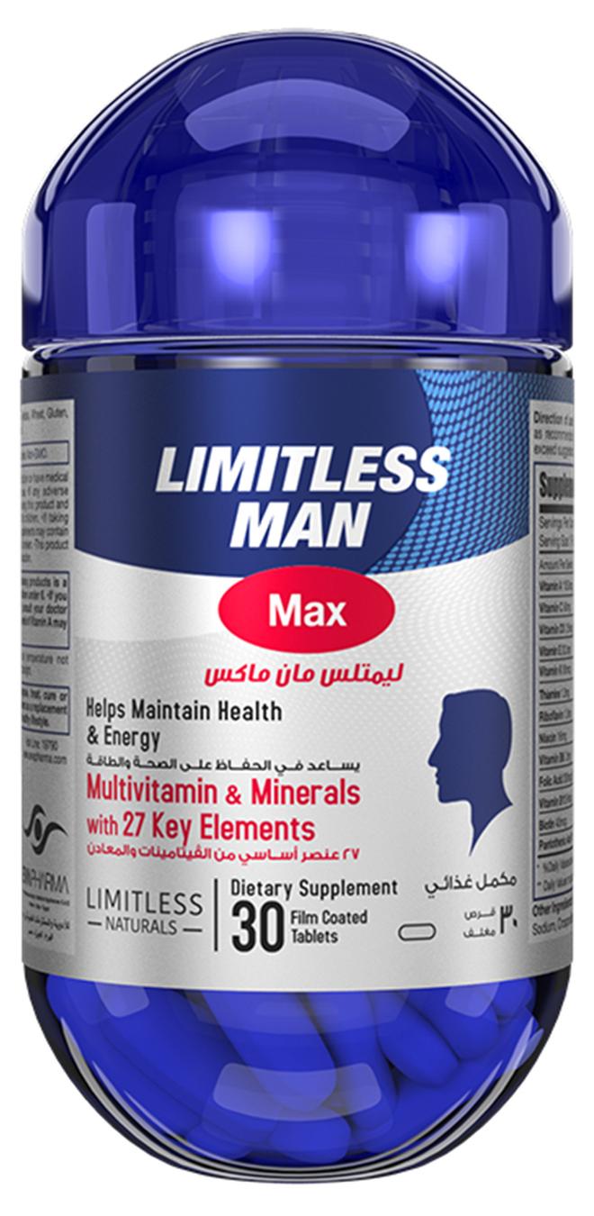 Limitless Man Max multivitamin dietary supplement for men – for daily energy, vitality, immunity, Quality of sleep & men's wellbeing – 30 tablets.