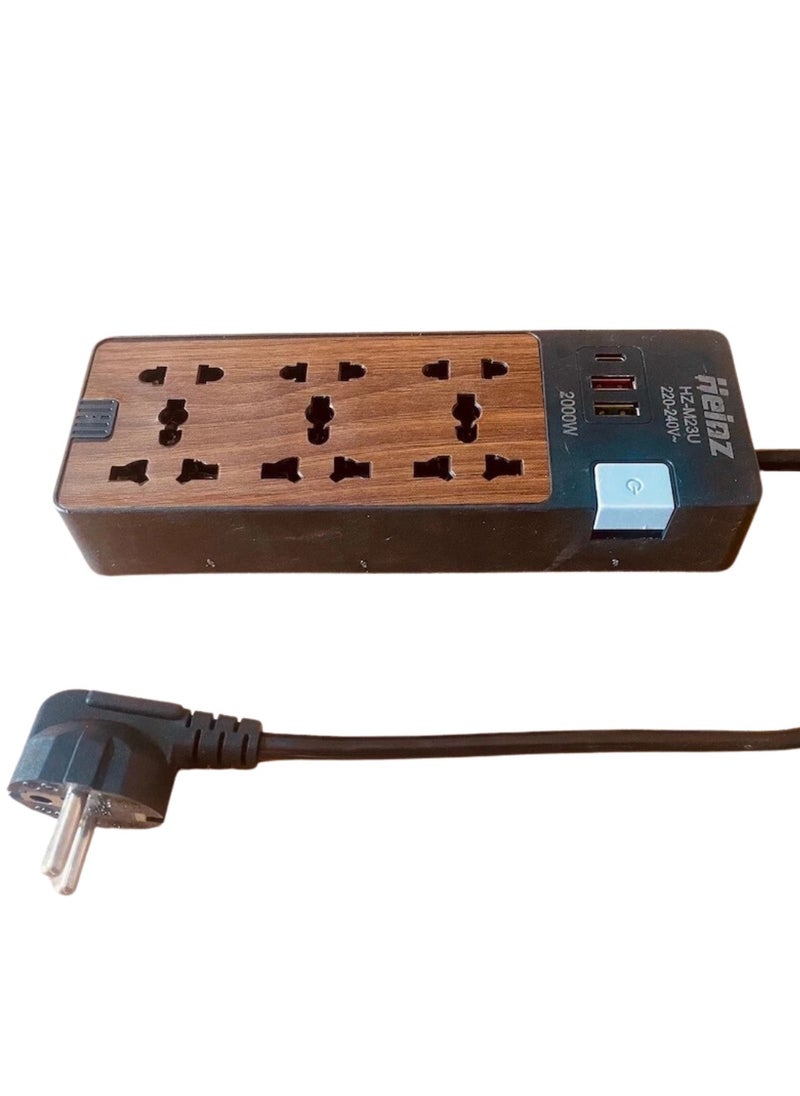 Panvil - Wooden Design Smart 6 Power Socket Extension 2 USB Port 1 C Type | 2 Meter | Home and Office Use | High Quality | Easy to Carry | 10A | 220V | 2000W (Wood Finish) - Image 1