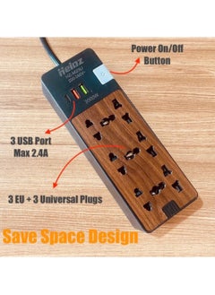 Panvil Wooden Design Smart 6 Power Socket Extension 2 USB Port 1 C Type | 2 Meter | Home and Office Use | High Quality | Easy to Carry | 10A | 220V | 2000W (Wood Finish)  - Image 2