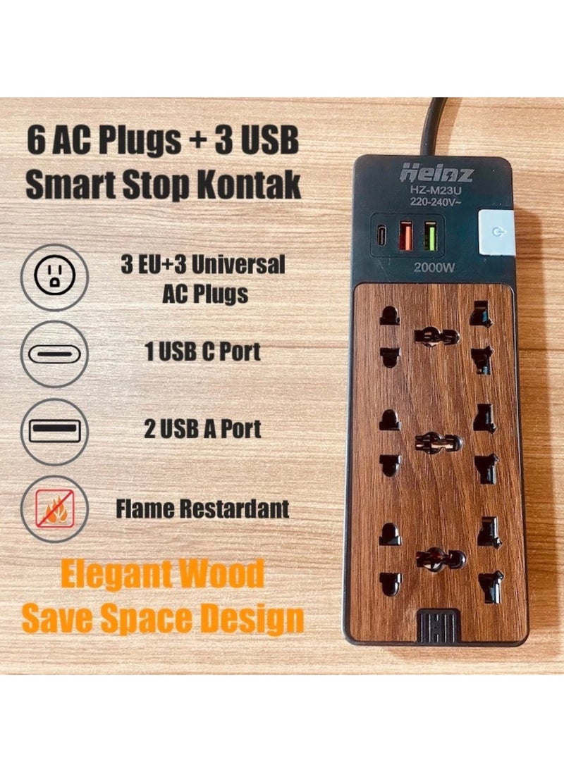 Panvil - Wooden Design Smart 6 Power Socket Extension 2 USB Port 1 C Type | 2 Meter | Home and Office Use | High Quality | Easy to Carry | 10A | 220V | 2000W (Wood Finish) - Image 1