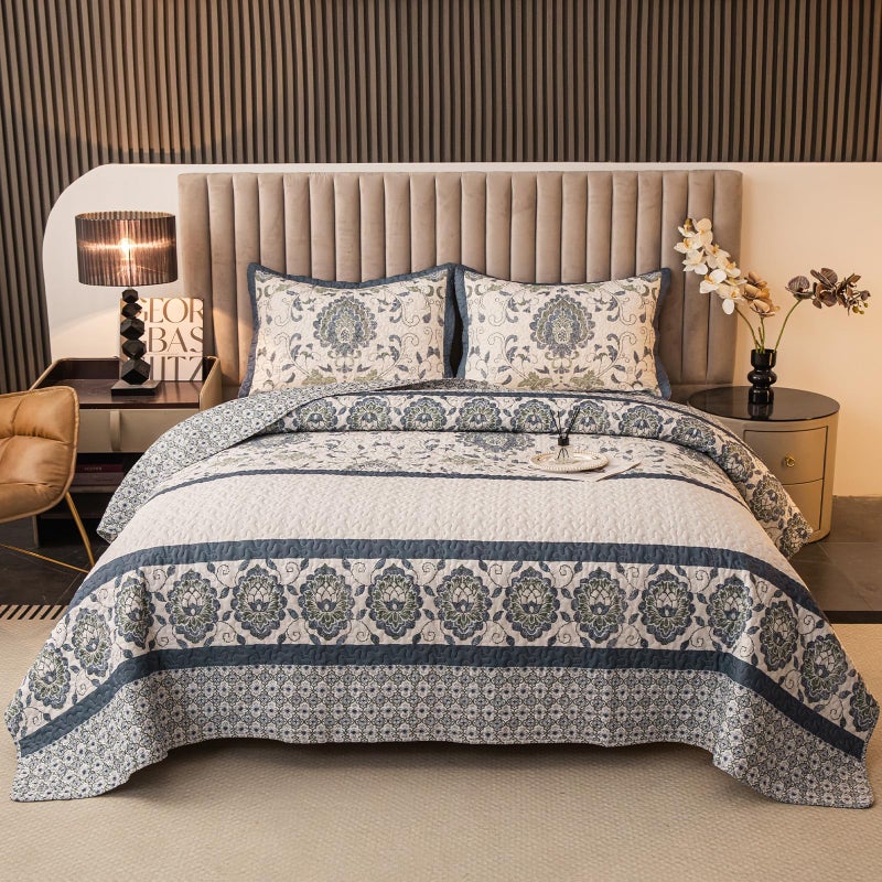 BEITE FIBER Bohemian King Size Quilt Comforter Bedding Set -3 Pieces Red Quilts (1 Quilt, 2 Pillow Shams) Bedding Set, All Season Lightweight Bedspreads Sleep Companion(Dark Blue) - Image 1