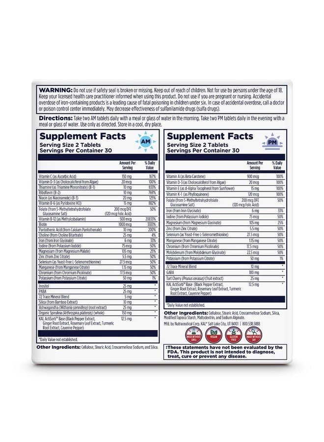 KAL Women's Multivitamin AM/PM, 2-in-1 Multivitamins for Women with Ashwagandha, Silica, Organic Spirulina, and GABA for Cellular Energy, Bone Strength, Immune Support, Vegan, 30 Servings, 120 Tablets - Image 2
