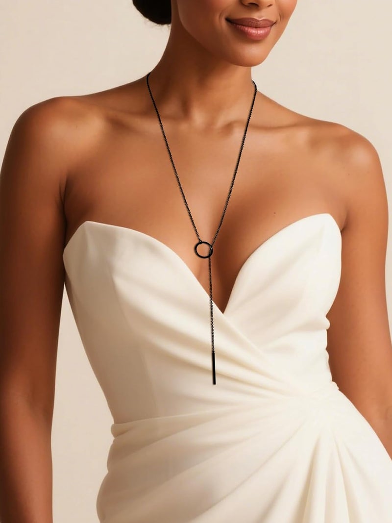 FOCALOOK Long Necklaces for Women 14K Gold Plated Dainty Drop Bar Pendant Lariat Y-Shaped Necklace Earring Set 28inch/73cm - Image 2