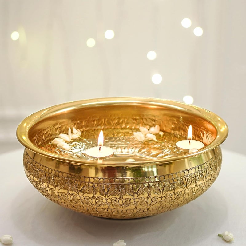 BEHOMA Classic Golden Aluminium Chitai Design 10" inch Urli Indoor Center Table Flower Decorative Bowl for Home Décor Urali Diwali Gift, Navratri Pooja Onam Deepawali Decoration, 1 Pc, 1000ML - Image 1
