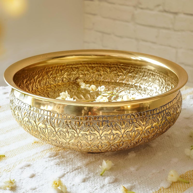 BEHOMA Classic Golden Aluminium Chitai Design 10" inch Urli Indoor Center Table Flower Decorative Bowl for Home Décor Urali Diwali Gift, Navratri Pooja Onam Deepawali Decoration, 1 Pc, 1000ML - Image 2