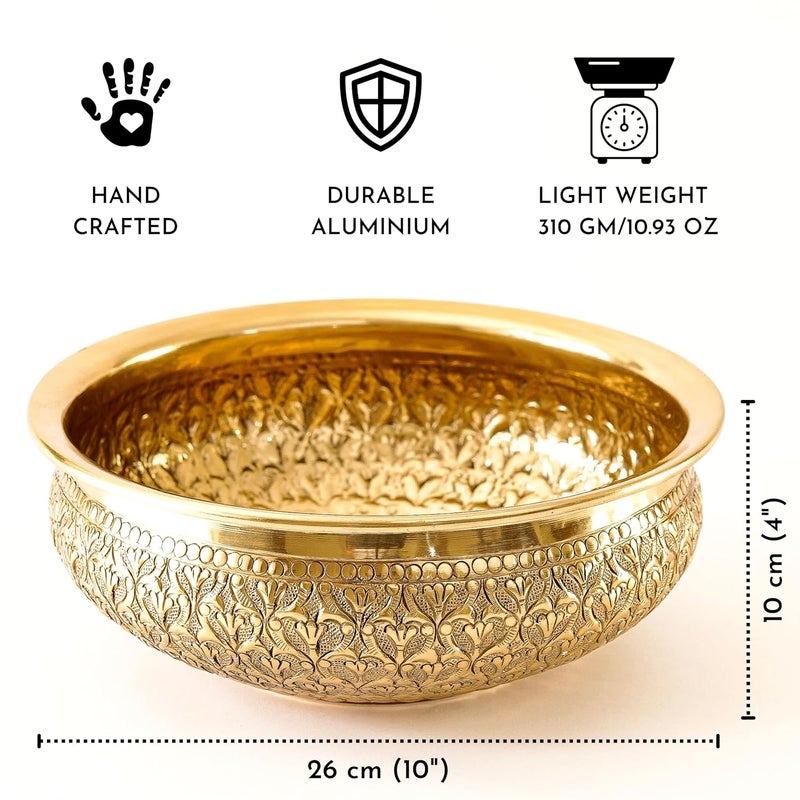 BEHOMA Classic Golden Aluminium Chitai Design 10" inch Urli Indoor Center Table Flower Decorative Bowl for Home Décor Urali Diwali Gift, Navratri Pooja Onam Deepawali Decoration, 1 Pc, 1000ML - Image 4