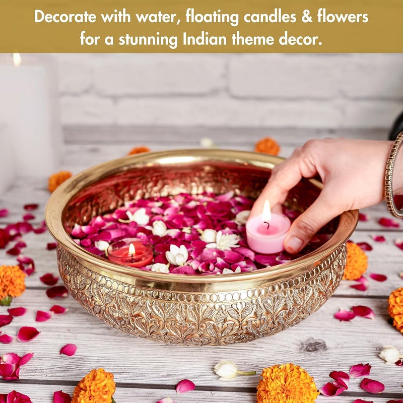 BEHOMA Classic Golden Aluminium Chitai Design 10" inch Urli Indoor Center Table Flower Decorative Bowl for Home Décor Urali Diwali Gift, Navratri Pooja Onam Deepawali Decoration, 1 Pc, 1000ML - Image 3