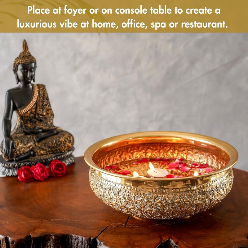 BEHOMA Classic Golden Aluminium Chitai Design 10" inch Urli Indoor Center Table Flower Decorative Bowl for Home Décor Urali Diwali Gift, Navratri Pooja Onam Deepawali Decoration, 1 Pc, 1000ML - Image 5