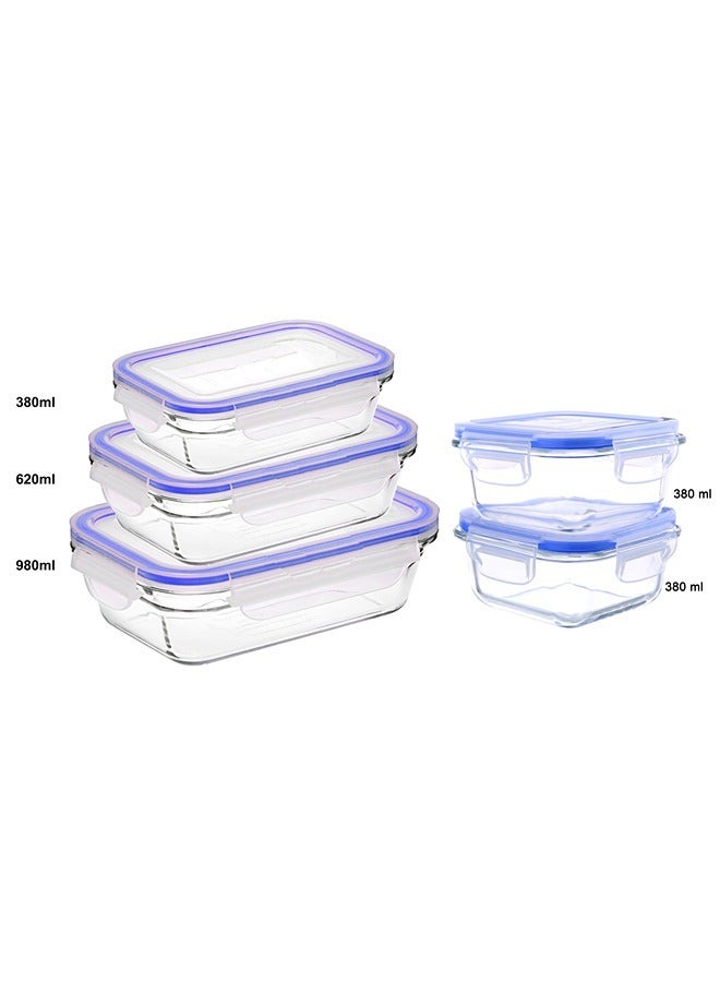 Feelings Feelings 5 Pcs Airtight Glass Storage Container With LID Section Jar Set Microwave Safe - Rectangular 380, 620, and 980 Ml and Square 380 Ml Blue  - Image 2