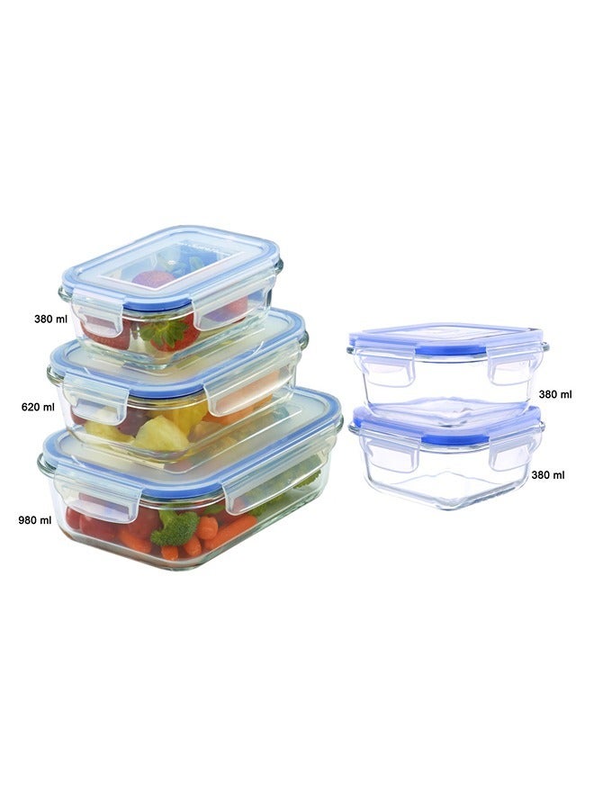 Feelings Feelings 5 Pcs Airtight Glass Storage Container With LID Section Jar Set Microwave Safe - Rectangular 380, 620, and 980 Ml and Square 380 Ml Blue  - Image 3