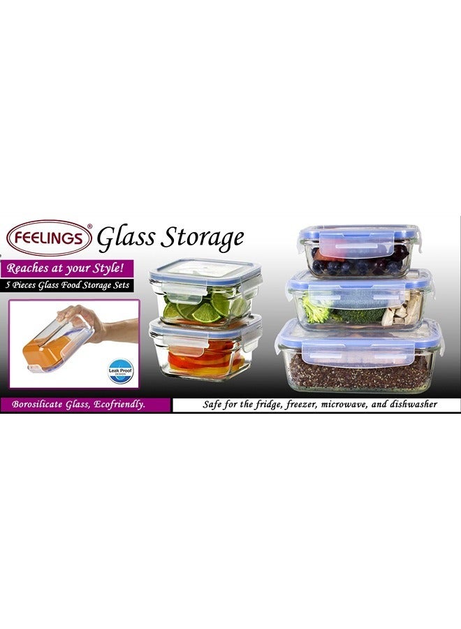 Feelings Feelings 5 Pcs Airtight Glass Storage Container With LID Section Jar Set Microwave Safe - Rectangular 380, 620, and 980 Ml and Square 380 Ml Blue  - Image 5