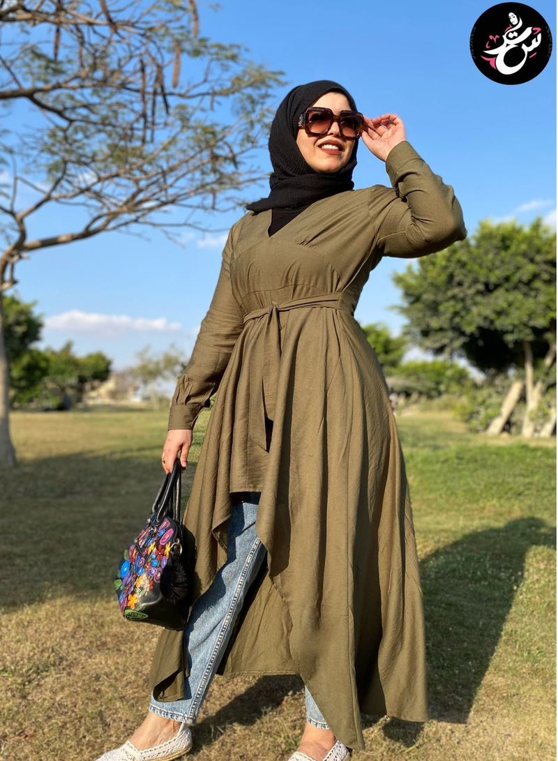 سِتر بلوزه طويلة صيفي - كتان اخضر - Image 1