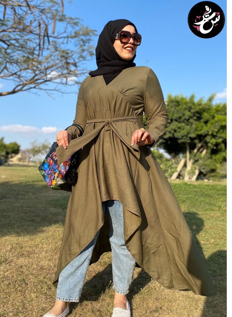 سِتر بلوزه طويلة صيفي - كتان اخضر - Image 2