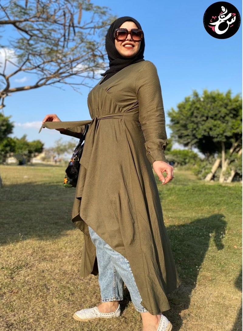 سِتر بلوزه طويلة صيفي - كتان اخضر - Image 4
