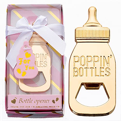 24PCS Golden Baby Bottle Openers for Baby Shower Favors Gifts Baby Shower Decorations Souvenirs Poppin Bottles Openers with Exquisite Gifts Box used for Guests Gender Reveal Party 24 pink