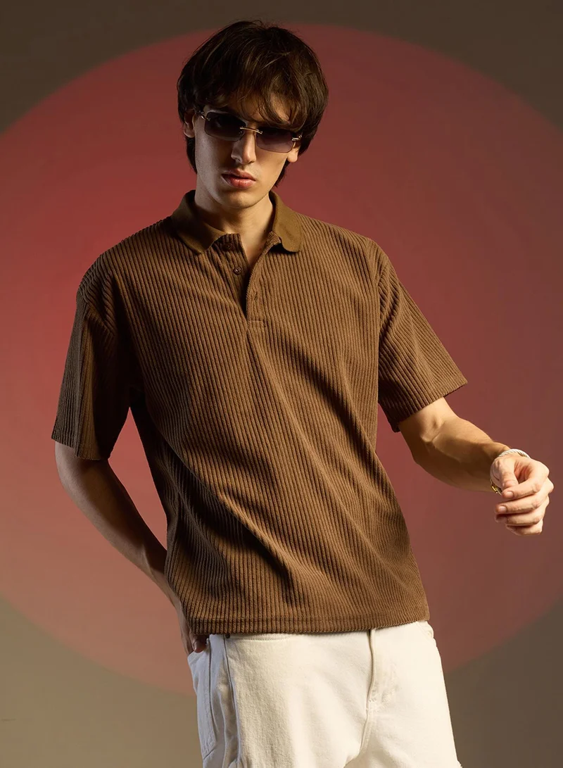 Men's Chocolate Brown Ribbed Oversized Polo T-Shirt