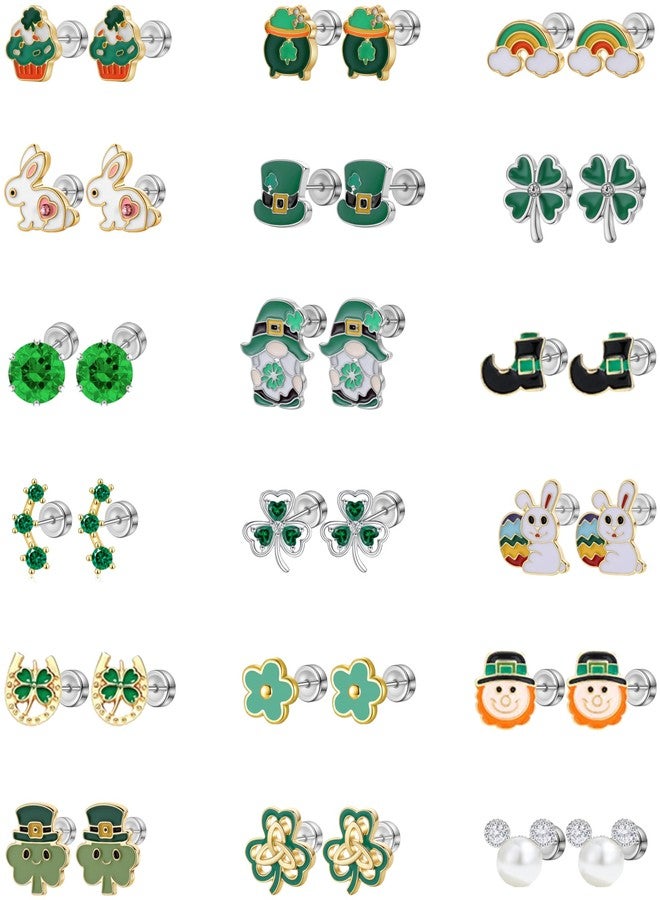 JGUF 18 Pairs Hypoallergenic Flat Back St. Patrick’s Day Earrings for Girls Clover Celtic Shamrock Surgical Steel Screw Back Stud Earrings Irish Jewelry for Women St Patricks Day Easter Accessories Gifts - Image 1