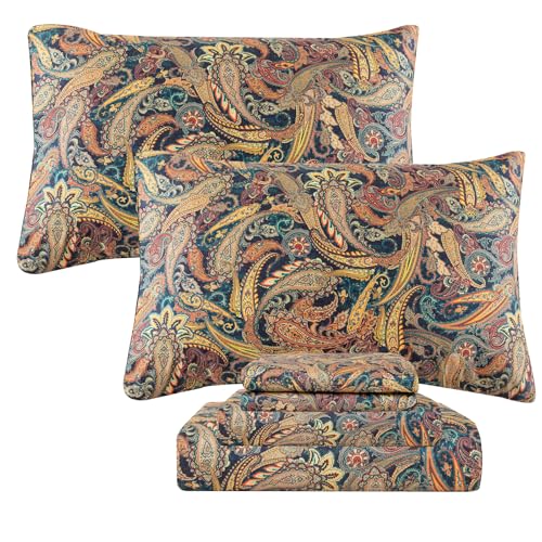 Lady Ann King Size Bed Sheets, 100% Egyptian Cotton Sheet Paisley Flower Pattern Printed 4 PCS Bedding Set- Super Soft, Silk-Like Feel Bed Sheet Set and Extra 17.5" Deep Pockets Bed Sheets - Image 1